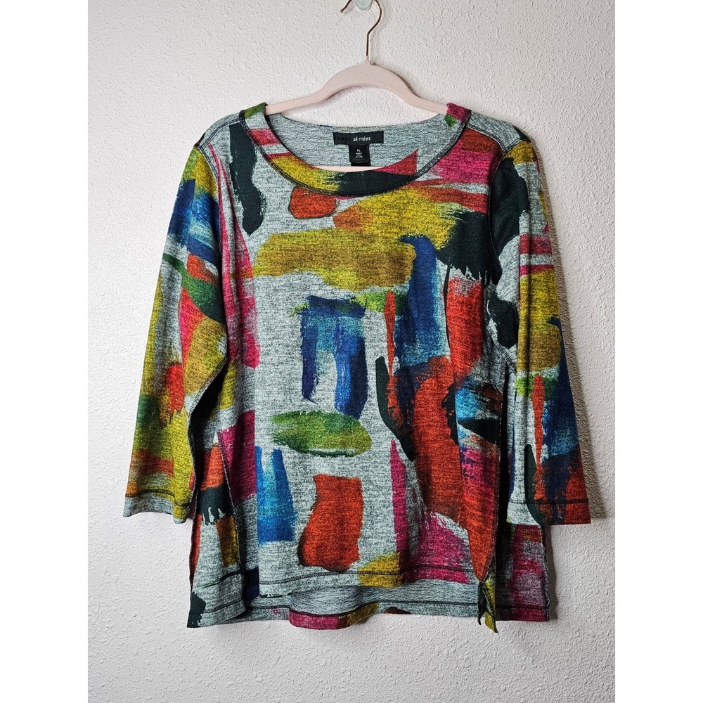 Ali Miles Thin Sweater Womens PL Petite Large Abstract Art To Wear Tunic Top